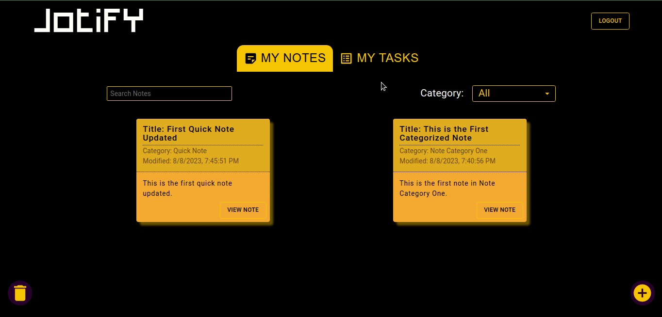 A demonstration on how to save new tasks on the Jotify web app.